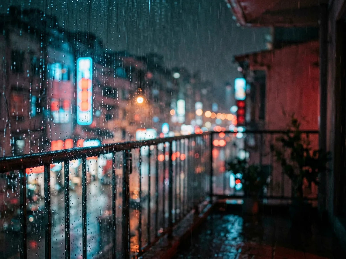 雨夜阳台霓虹倒影场景静帧，用作最新上架封面